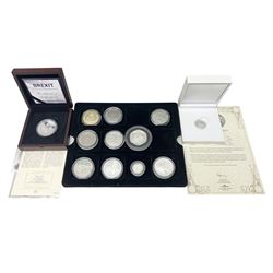 Mostly commemorative coins, including Bailiwick of Guernsey 1997 silver proof one pound, Alderney 2007 hexagonal five pounds,  Queen Elizabeth II Gibraltar 2019 'The Silver Sovereign' etc