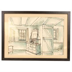 Jill Dickinson (British 20th Century): Interior Scenes, three ink and wash drawings, variously signed and dated '50, 26cm x 36cm (3)