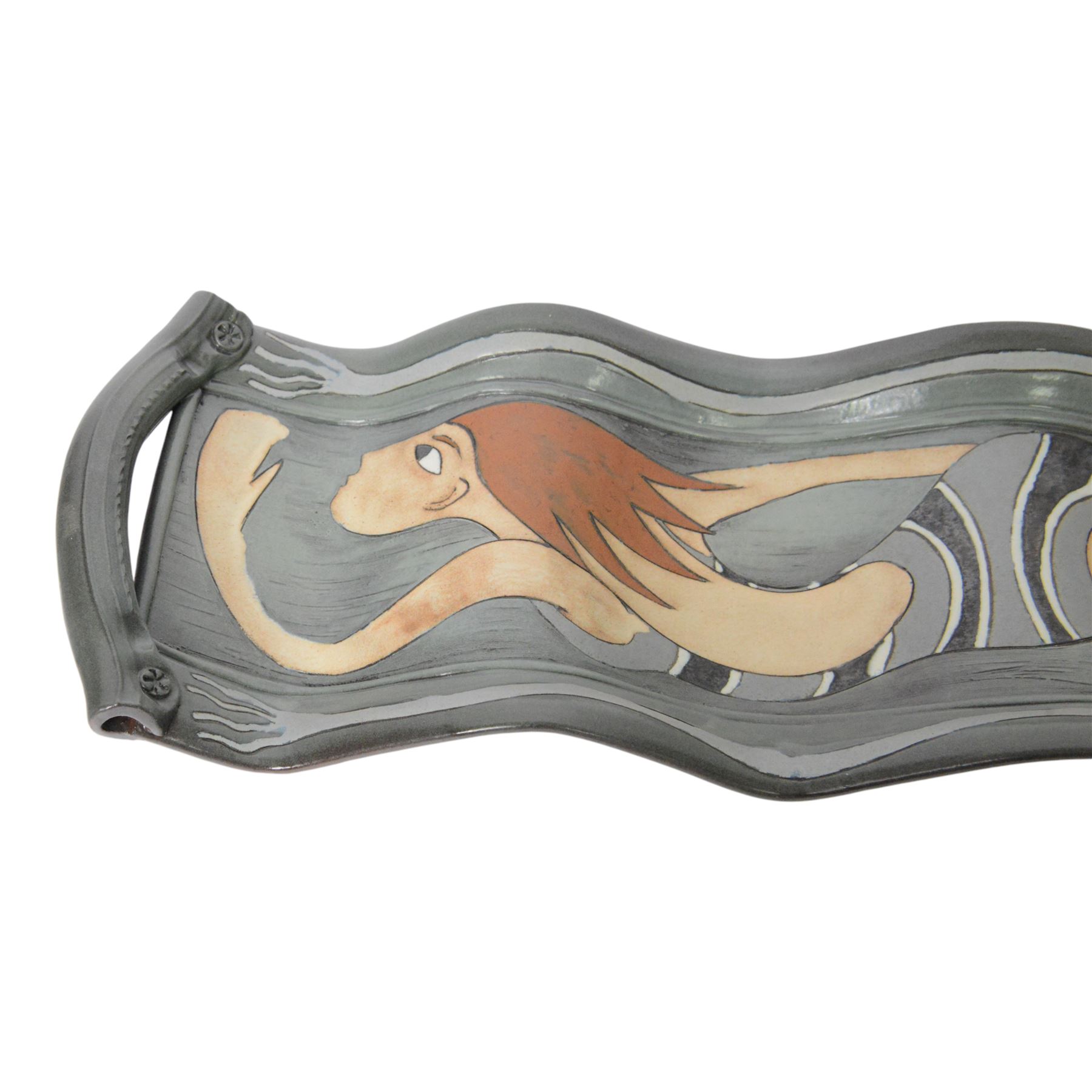 Studio pottery twin handled platter, of waved form, decorated with a female swimmer, L84cm, D22cm