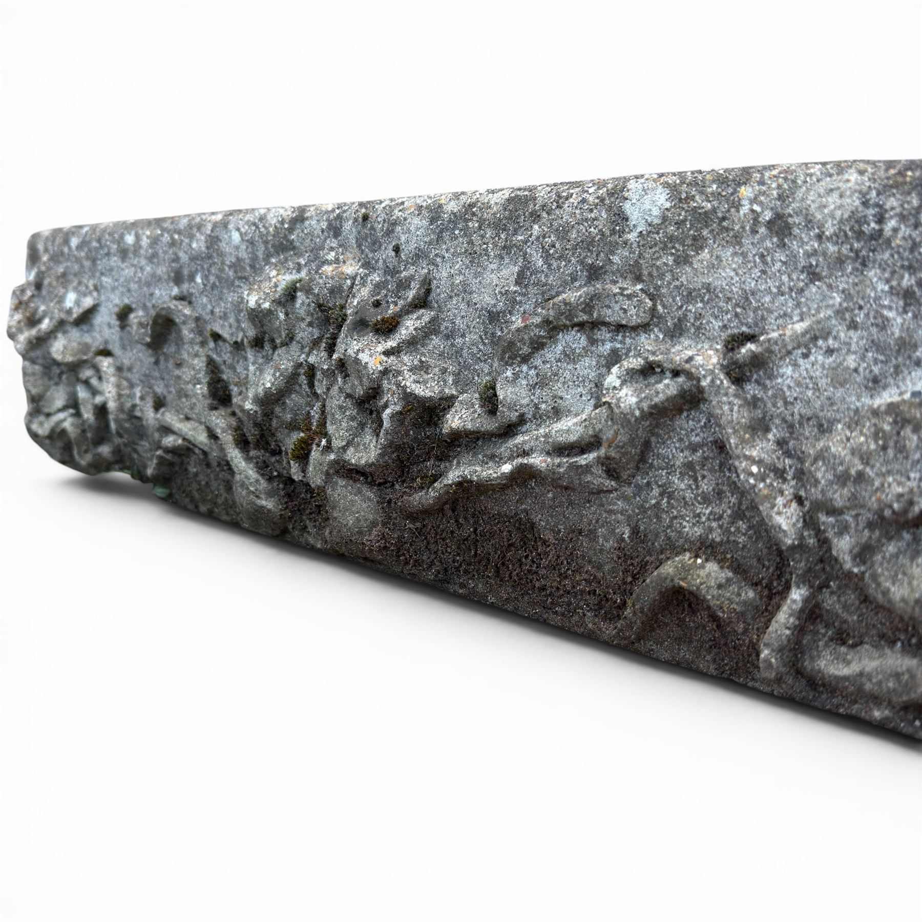 Pair of rectangular weathered cast stone planters, ornate moulded detail