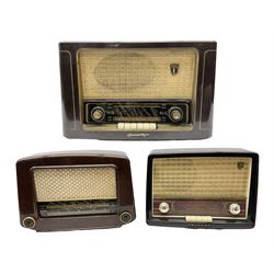1950s Philips valve radio model B3G63A in brown Bakelite case, W42cm D21cm H30cm, together with 1950s Cossor Melody Maker model 524 radio and 1950s Grundig model 2041, tallest H35.5cm