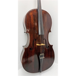  Early 20th century French Mirecourt cello with 76cm two-piece maple back and ribs and spruce top, bears label Michel-Ange Garini L123cm, in modern quality soft carrying case  