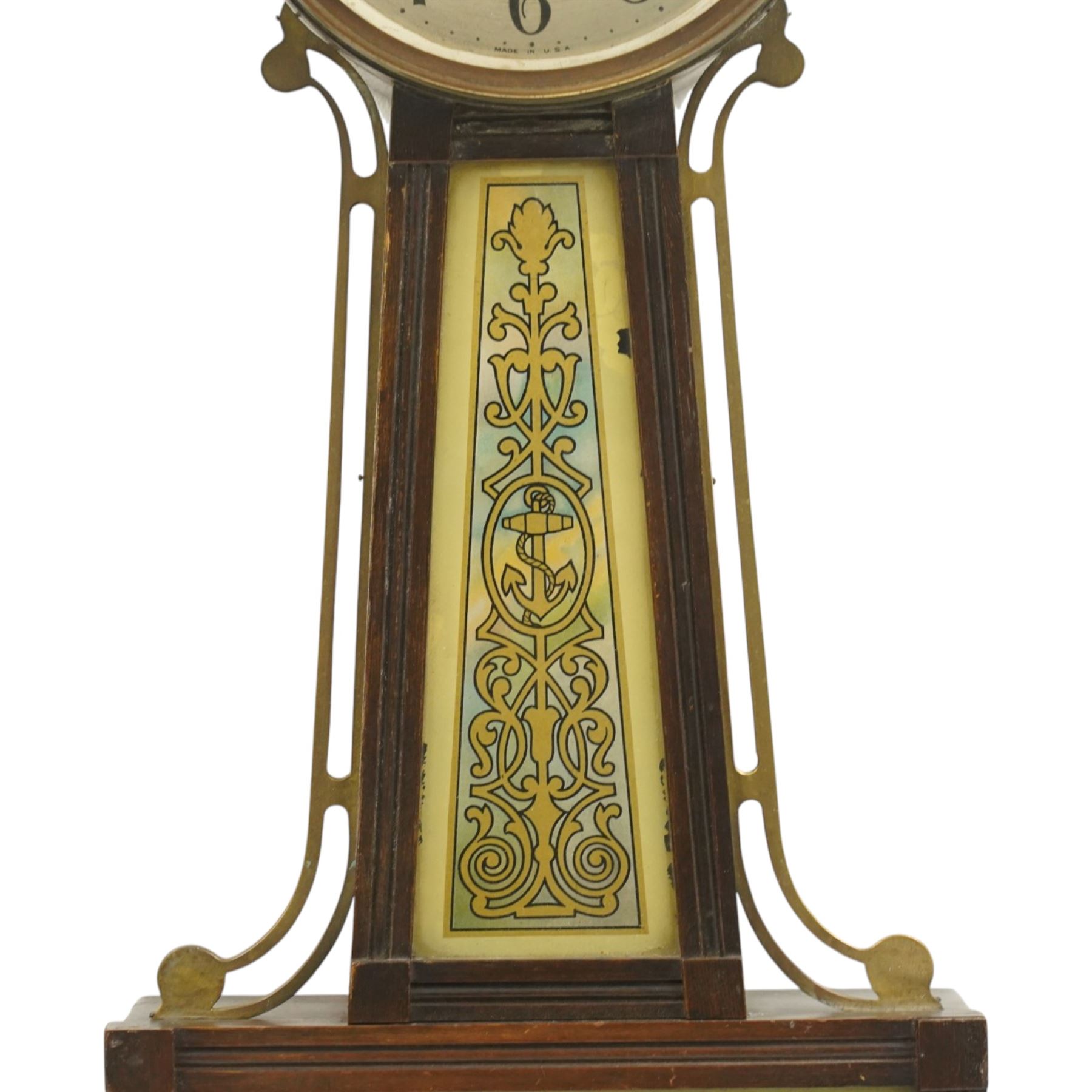  Early 20th century American wall clock by the Sessions Clock Company in banjo pattern case with eagle finial and shipping scene panel H108cm