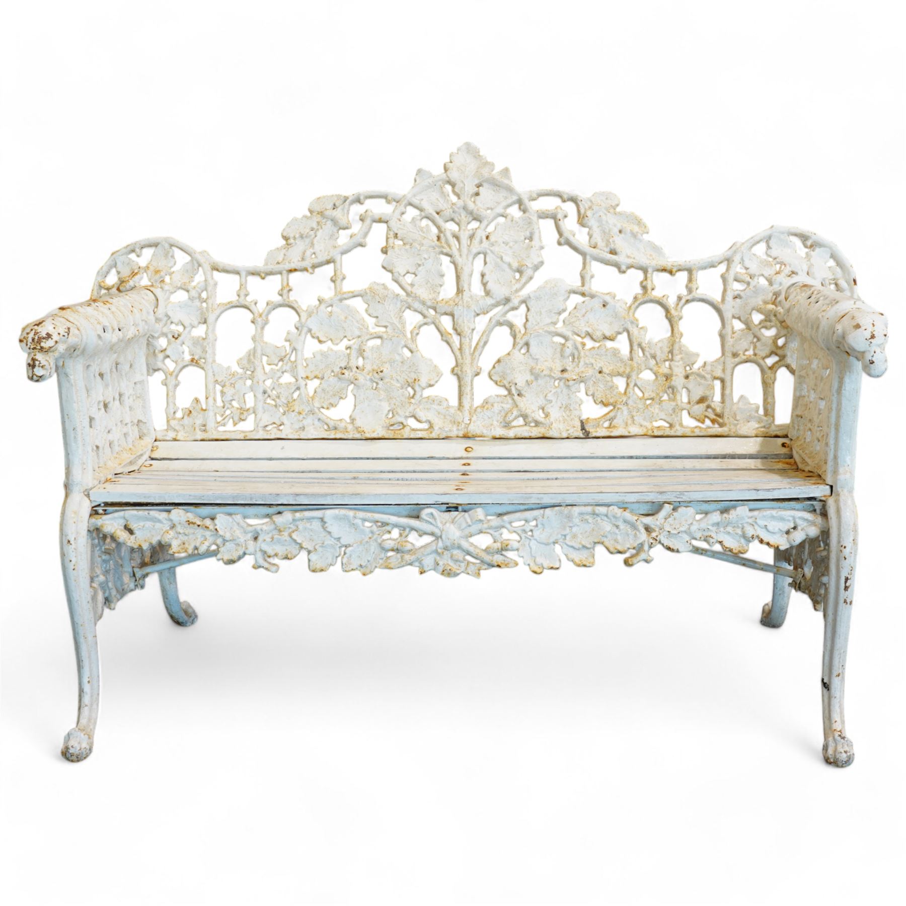 Coalbrookdale design - early 20th century cast iron oak leaf and acorn bench, white painted cast iron frame with slatted wooden seat, the pierced and shaped back decorated with scrolling oak branches and leafage, flanked by dog mask arm terminals over cabriole supports with paw feet 