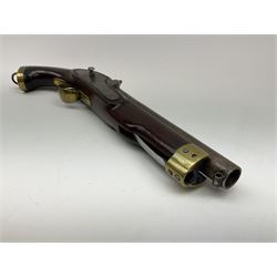 Early 19th century percussion cap cavalry pistol with round 23cm unsighted barrel, borderline engraved action lock (lacking hammer), walnut full stock with heavy brass furniture, iron lanyard ring to the flat butt cap and long flat retaining spring below fore-end for captive ramrod (missing) L41cm overall