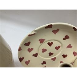 Collection of Emma Bridgewater spongeware ceramics, to include Pink Hearts pattern teapot, milk bottle vase, teacup and saucers, Love & Kisses sugar shaker and large 'I love you more than Marlon Brando' mug, British Birds and Black and White pattern mugs, etc, all with printed marks beneath, tallest H21.5cm