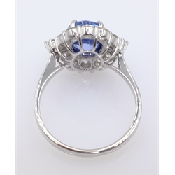  18ct white gold sapphire and diamond cluster ring stamped 750 sapphire approx 2.1 carat diamonds approx 0.8 carat  