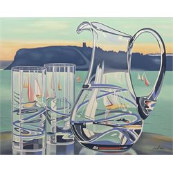 Joy Lomas (British Contemporary): Scarborough North Bay viewed through Glassware, oil on canvas signed 80cm x 100cm