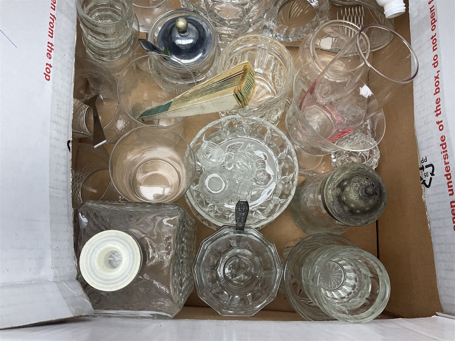 Three boxes of glassware to include mid 20th century drinking glasses with geometric and banded coloured decoration, French bowls, carnival glass, Stuart drinking glasses, etc
