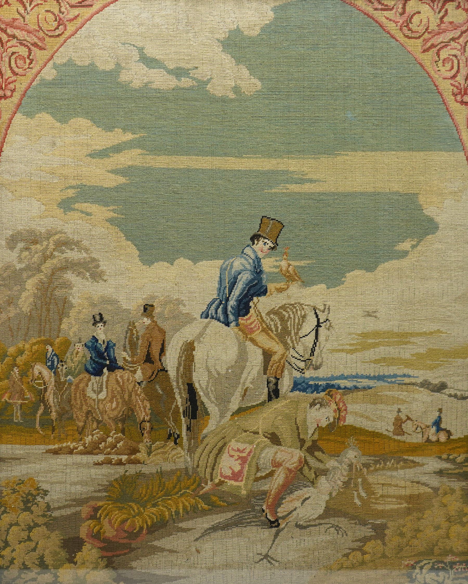 Victorian needlework depicting a hunting party, the central figure holding a hawk, 75cm x 60cm 