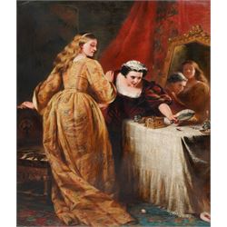 John Calcott Horsley RA (British 1817-1903): 'The Intruder', oil on canvas signed and indistinctly dated 92cm x 74cm in fine swept gilt frame 118cm x 102cm overall
Notes: Horsley captures a light-hearted yet evocative domestic scene, showcasing his keen eye for detail and narrative. The painting depicts two young women in a state of startled dismay as they react to the presence of an unexpected 'intruder' — a cockroach on the dressing table. The exaggerated expressions of alarm, juxtaposed with the inconspicuousness of the insect, humorously amplify the sense of dread;  demonstrating Horsley’s skill in blending genre painting with social commentary. The work’s charm lies in its gentle satire of the Victorian's heightened sensitivities to cleanliness, propriety, and the domestic sphere.
