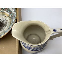 Large Victorian twin handled soup tureen and cover, decorated with a geometric pattern, together with a large wash bowl, blue and white wash jug and basin, other ceramics and glass, in two boxes   