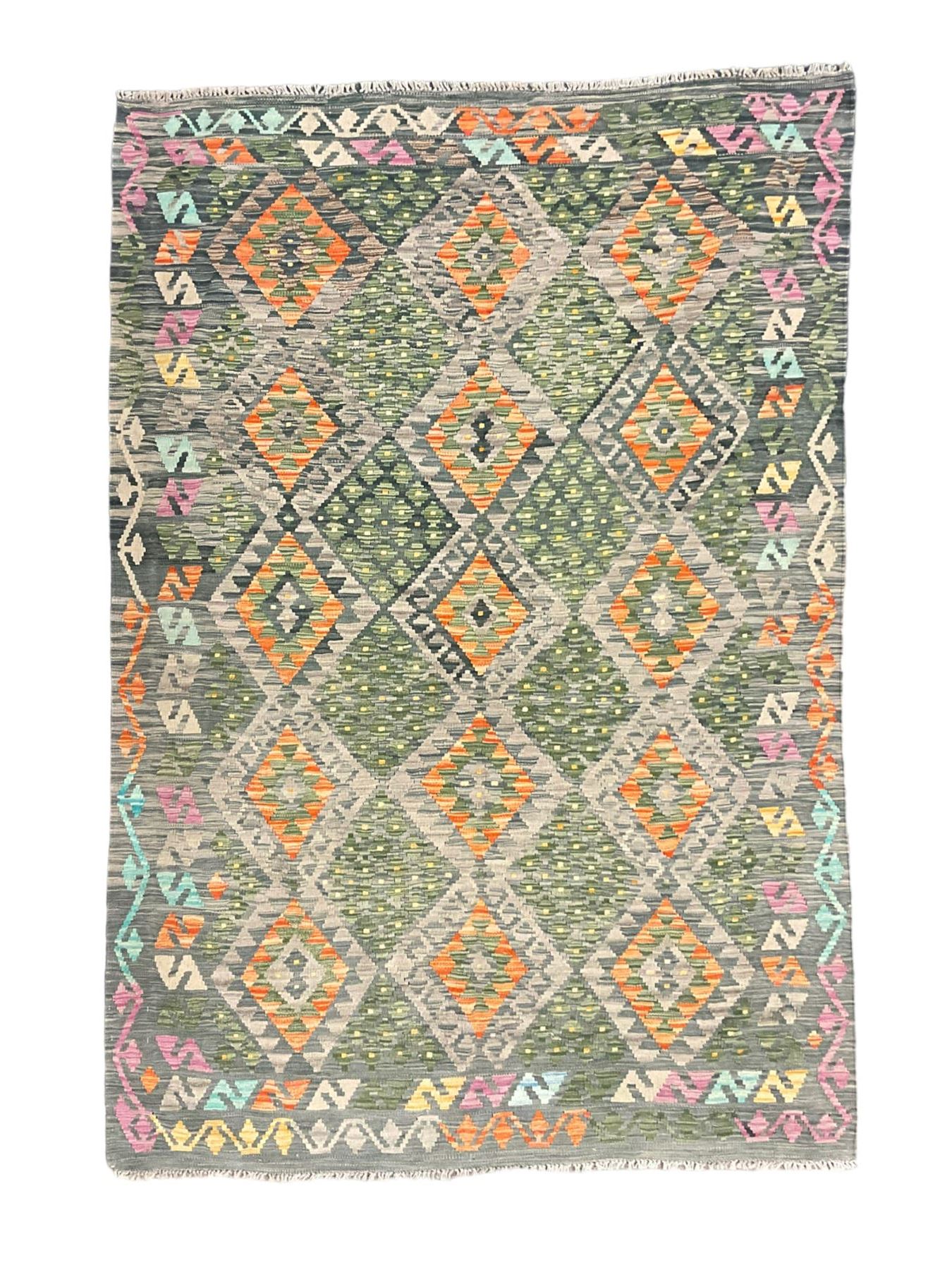 Kilim grey and green ground rug, overall geometric design decorated with lozenges