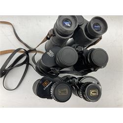 Eleven cased pairs of binoculars to include Summit 8x30,  Concord 8x40, Tasco no. 106 8x - 16x40, Chinon 10x50, Tokina 7x42 Field, Zoom 6x- 12x32 etc