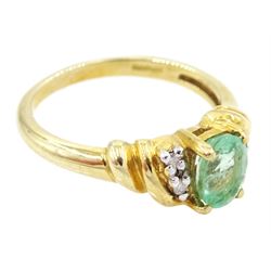 9ct gold five stone oval cut emerald and diamond ring, hallmarked, emerald approx 0.60 carat