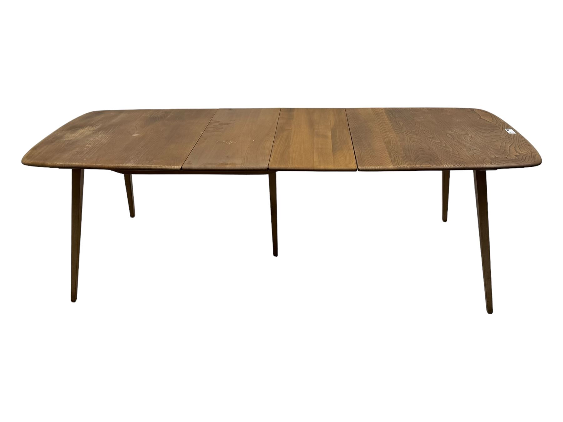 Lucian Ercolani for Ercol - light elm and beech 'Bellingdon' extending dining table, rectangular top with pull-out mechanism and hinged leaf, on splayed tapered supports