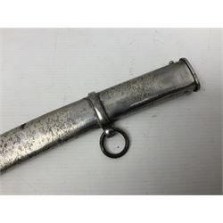 19th century Russian Imperial Navy sword, with 77.5cm curving fullered blade, brass three-bar hilt with lozenge shaped langets and wire-bound leather grip; in polished steel scabbard with one suspension ring L97cm overall
