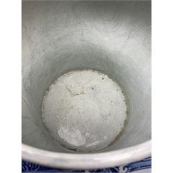 Large 20th century Delft blue and white jardinière, of baluster form with twin zoomorphic mask lug handles, decorated with hand painted panels of waterside scenes, within foliate surround, impressed and painted marks beneath for De Porceleyne Fles workshop, Delft, H35cm, rim D32