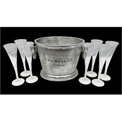 Aluminium champagne bucket detailed Cuvee de Prestige Champagne du Louvois, with twin ring handles, together with quantity of glasses, bucket L38cm