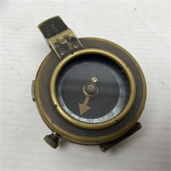 Broadhurst Clarkson brass and leather 4-draw telescope, the first draw with graduations, sliding lens shroud and leather covers for both ends on shoulder strap; marked 'Broadhurst Clarkson & Co. Ltd. 63 Farringdon Road London E.C.', L87cm fully extended; together with a WWI brass marching compass marked F-L No.123113 1918 (broad arrow); crudely etched L.H. McD. Latham; in associated Brooks & Co. leather case dated 1913 stamped W.B. Constable (2)