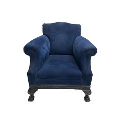 Georgian style armchair, shaped cresting upholstered in blue fabric with stud band, on black lacquered frame, scroll decorated frieze rails and acanthus carved ball and claw feet