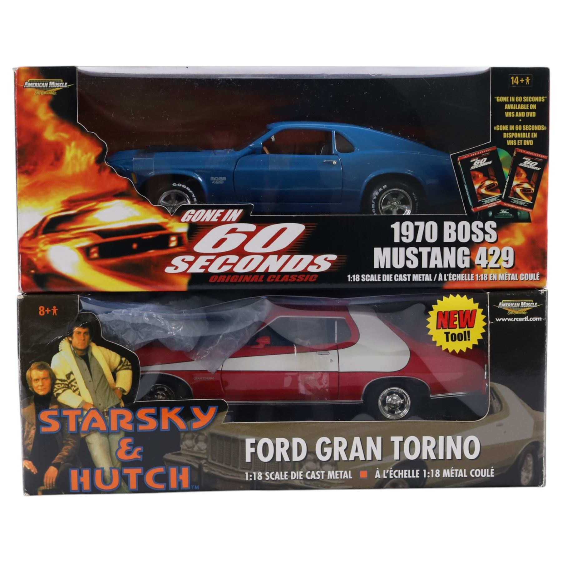 Two RCErtl 1:18 scale diecast model cars, comprising 'Knight Rider' KITT' and 'Starsky & Hutch' Ford Gran Torino, both boxed