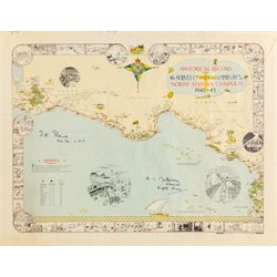 English School (Mid-20th century): 'Historical Record of the 46 Survey Company of the South African Engineer Corps - North African Campaign 1942-43', coloured pictorial map signed by Field Marshall Bernard Montgomery and Major General Frank Theron of the British Eighth Army in pen 47cm x 58cm
Notes: This commemorative map has no single cartographer; it was created collectively by the company to celebrate their military achievements during the campaign. The map reads 'drawn and printed by us in the desert just for fun' at the lower right corner.