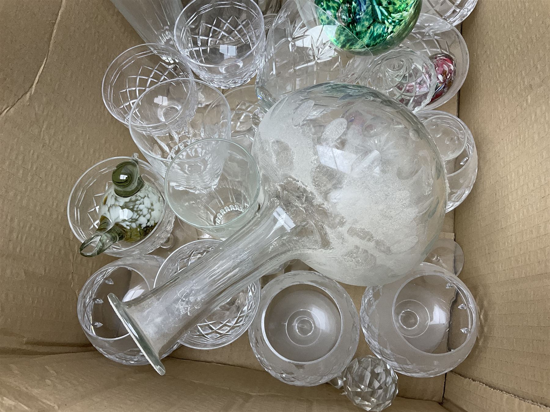 Sanders and Wallace glass paperweight, together with three other paperweights and a collection of glassware, in two boxes