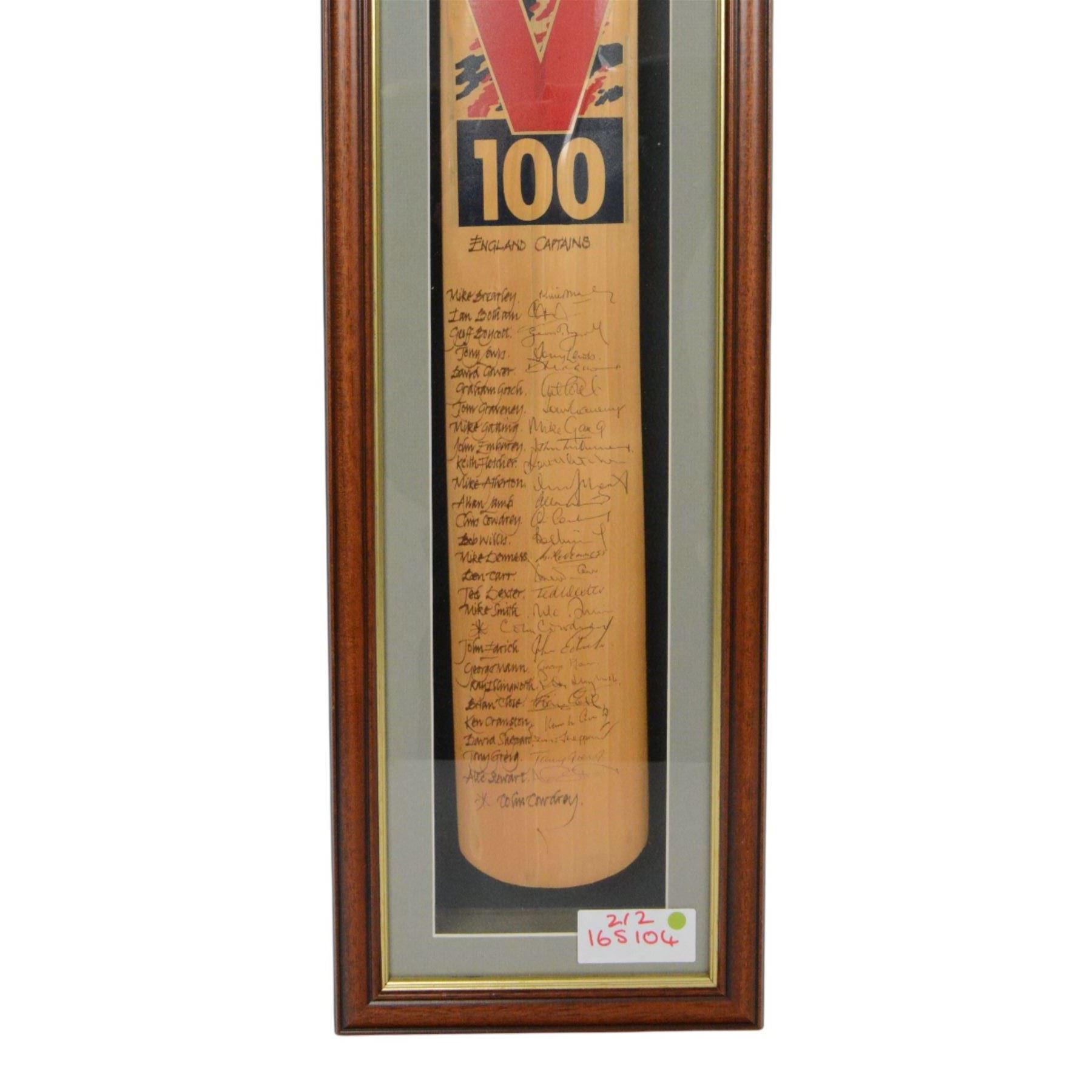 Two signed Slazenger V 100 cricket bats, the first example signed by the 'World's Top 10 Run Makers', with signatures including Graham Gooch, David Gower, Geoffrey Boycott, Gary Sobers and Viv Richards, the second example signed by a number of England's Cricket Captains, including Alec Stewart, Ken Cranston, Bob Willis, Allan Lamb, Mike Atherton and Ian Botham etc, both within glazed wooden display cases, case H99cm