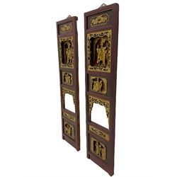 Pair 19th century Chinese carved wooden wall panels, set back carving depicting figure on horse flanked by attendants, pierced decoration, the top panel carved with fruit and leaves, gilt and red paint finish 