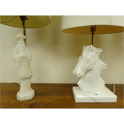 Pair carved alabaster table lamps modelled as Chinese sage figures (H66cm overall) and a similar alabaster Horse Head carved table lamp (3)  