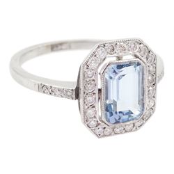 White gold milgrain set emerald cut aquamarine and diamond cluster ring, with diamond set shoulders, stamped 18ct, aquamarine approx 1.00 carat