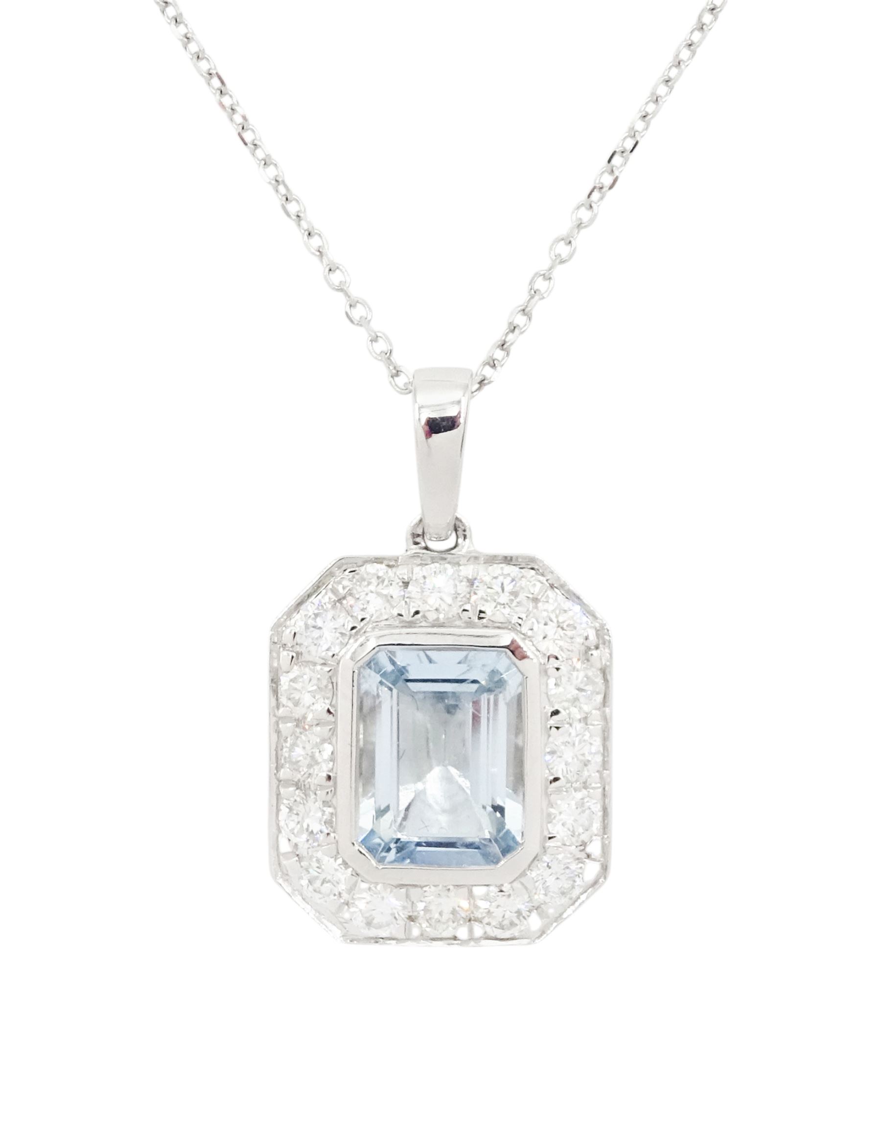 18ct white gold emerald cut aquamarine and round brilliant cut diamond pendant necklace, stamped, aquamarine approx 2.00 carat, total diamond weight approx 0.90 carat