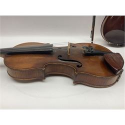 German trade violin in the Steiner style c1900 with 35.5cm two-piece maple back and ribs and spruce top L59cm overall; in fitted carrying case with two bows; and a Saxony violin with 35.5cm one-piece maple back and ribs and spruce top L58.5cm overall (2)