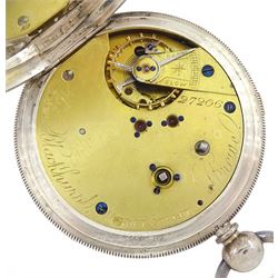 Victorian silver centre seconds key wound chronograph pocket watch by John Blackhurst, Crewe, No. 27206, white enamel dial with Roman numerals, outer track numbered 25-300, case hallmarked Chester 1882