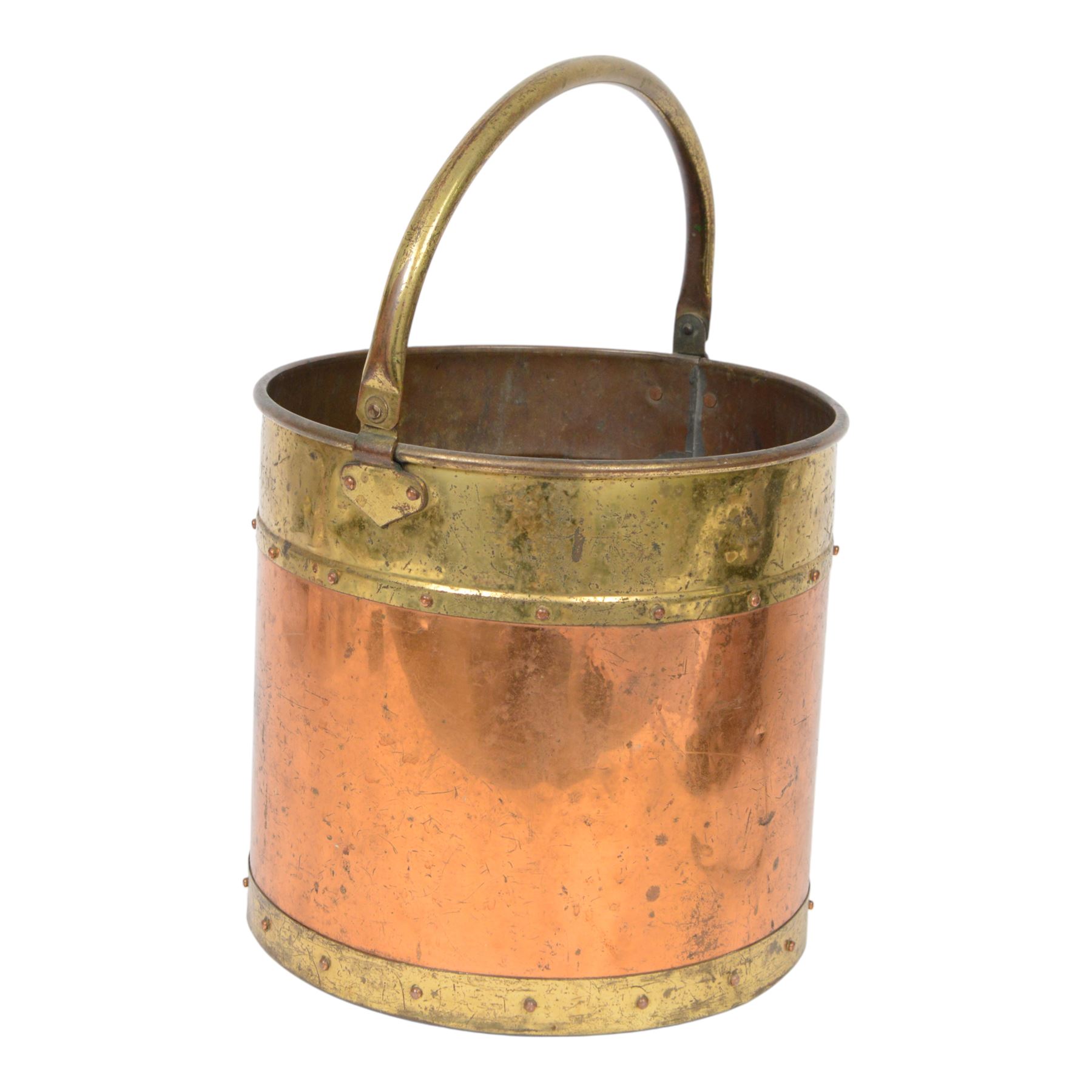 19th century rivetted copper and brass coal bucket  with swing handle, H30cm, D32cm