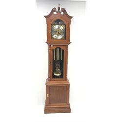 Chinese hardwood longcase clock, swan neck pediment with central finial, glazed trunk door enclosed by two half column pilasters, panelled base, moonphase dial with silvered Roman chapter ring, chime selection and silent lever, triple weight driven movement, H211cm (three weights and pendulum)