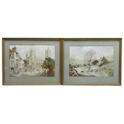 F Bownas (British 20th century): Winter Shepherding and View of Canterbury Cathedral from South West, pair watercolours signed, latter dated 1979, 26cm x 37cm (2)