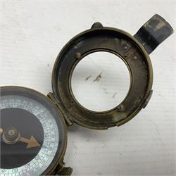 Broadhurst Clarkson brass and leather 4-draw telescope, the first draw with graduations, sliding lens shroud and leather covers for both ends on shoulder strap; marked 'Broadhurst Clarkson & Co. Ltd. 63 Farringdon Road London E.C.', L87cm fully extended; together with a WWI brass marching compass marked F-L No.123113 1918 (broad arrow); crudely etched L.H. McD. Latham; in associated Brooks & Co. leather case dated 1913 stamped W.B. Constable (2)