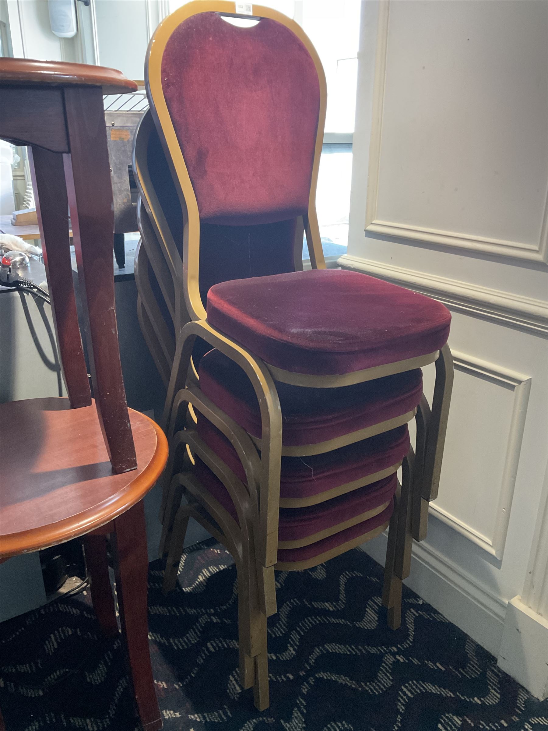 Seven circular bar tables (D55cm), two coffee tables and five conference chairs- LOT SUBJECT TO VAT ON THE HAMMER PRICE - To be collected by appointment from The Ambassador Hotel, 36-38 Esplanade, Scarborough YO11 2AY. ALL GOODS MUST BE REMOVED BY WEDNESDAY 15TH JUNE.