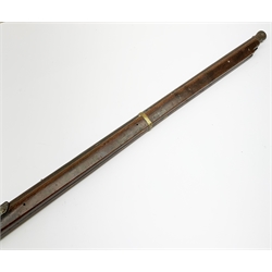 Late 19th/early 20th century ornamental oriental matchlock musket, the hardwood stock with row of oriental characters, 72cm steel barrel undrilled at action, brass fittings and ramrod aperture L111cm