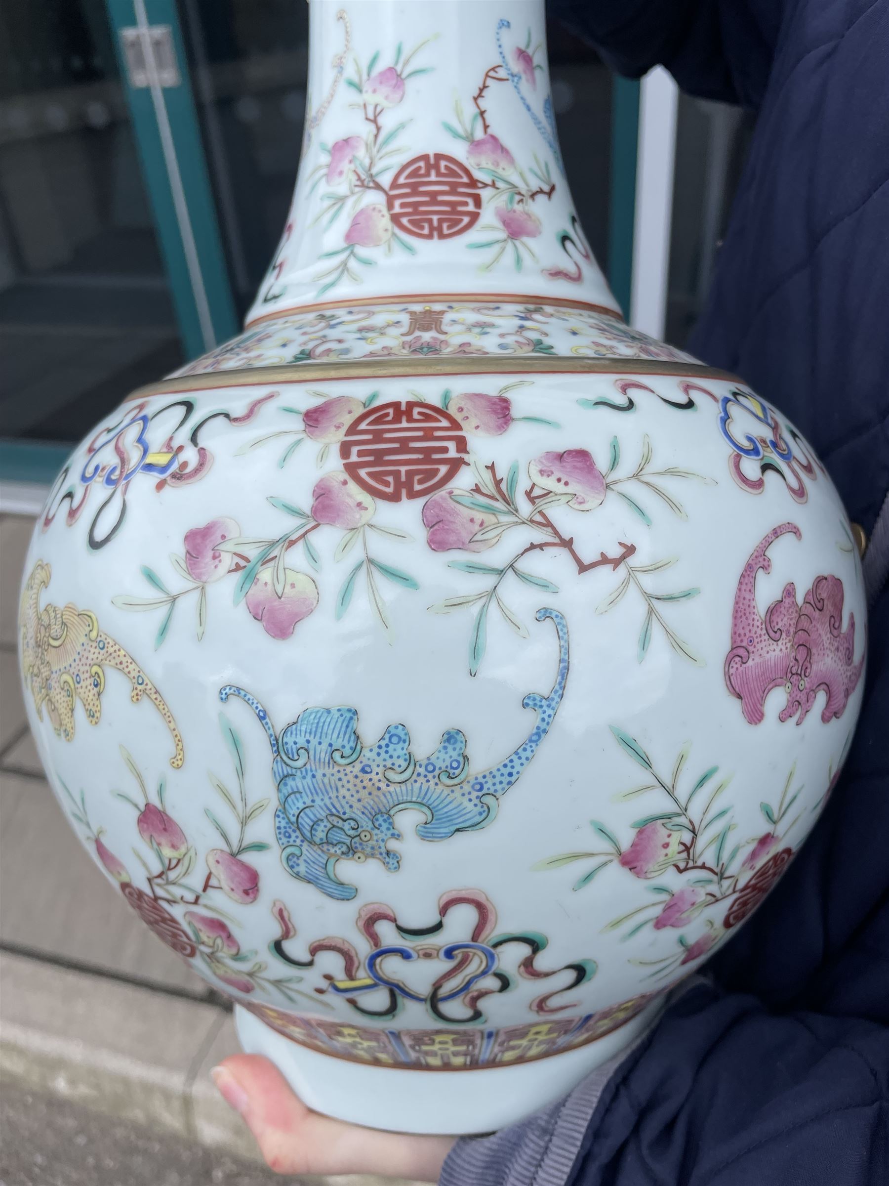 Chinese Qing Dynasty famille rose baluster vase decorated with bats, peaches etc with Tongzhi marks H40cm