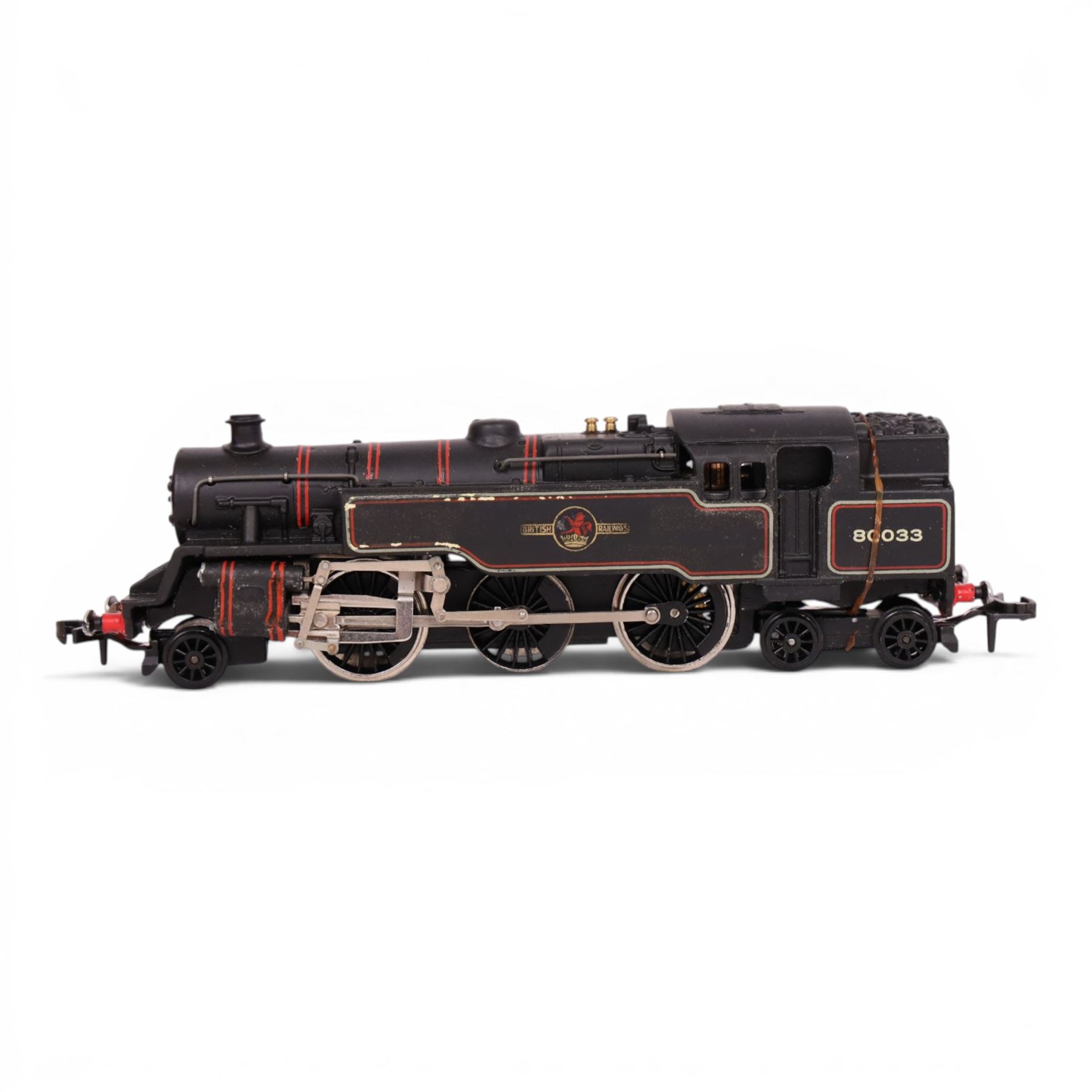 Three Hornby Dublo 00 gauge locomotives in black, comprising 2224 L.M.R 2-8-0 8F Locomotive and Tender no. 48073, 2218 2-6-4 Tank Locomotive no. 80033 and 2217 0-6-2 Tank Locomotive B.R. no. 69550, all boxed