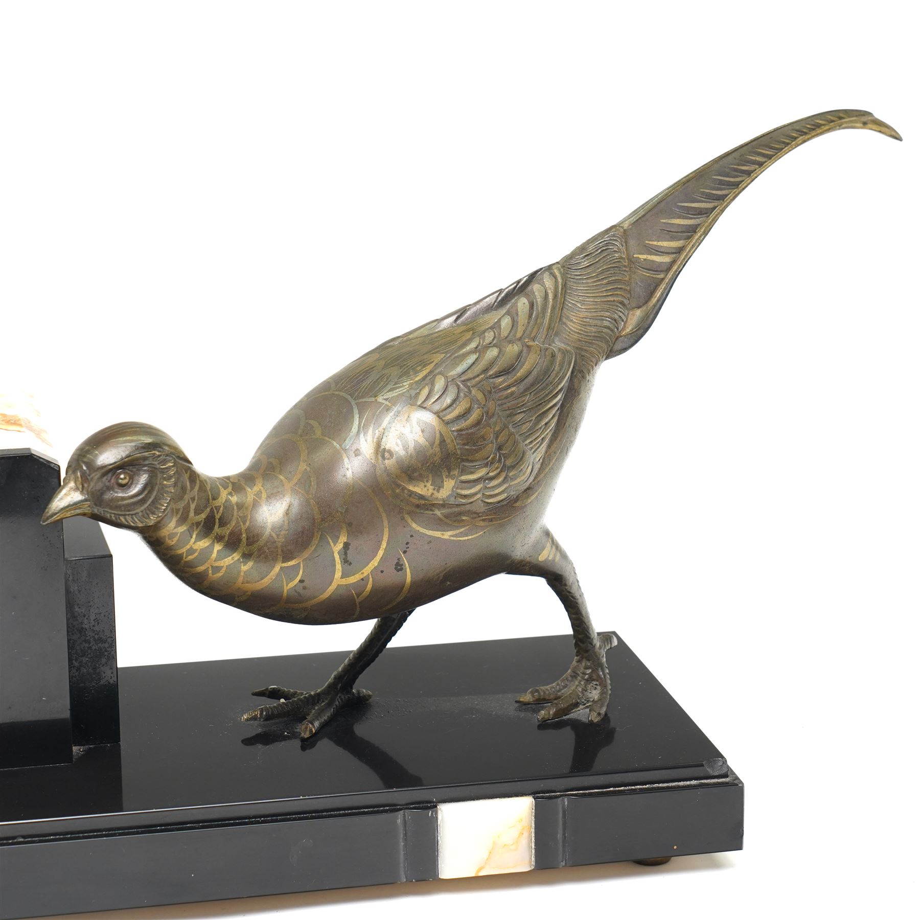 French- Early 20th century Art Deco mantel clock with an 8-day timepiece movement, on a polished rectangular slate base, with inset cream onyx panels, surmounted by a pair of highly decorative bronze effect pheasants, square 4