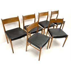 Heals set six teak framed dining chairs, upholstered seat, turned supports