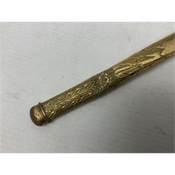 WW2 German kreigsmarine style dagger composed from various age parts, the post-war 25cm double fullered blade  with etched decoration and inscribed WKC with knight's head; in gilt brass scabbard with two rings L42cm overall