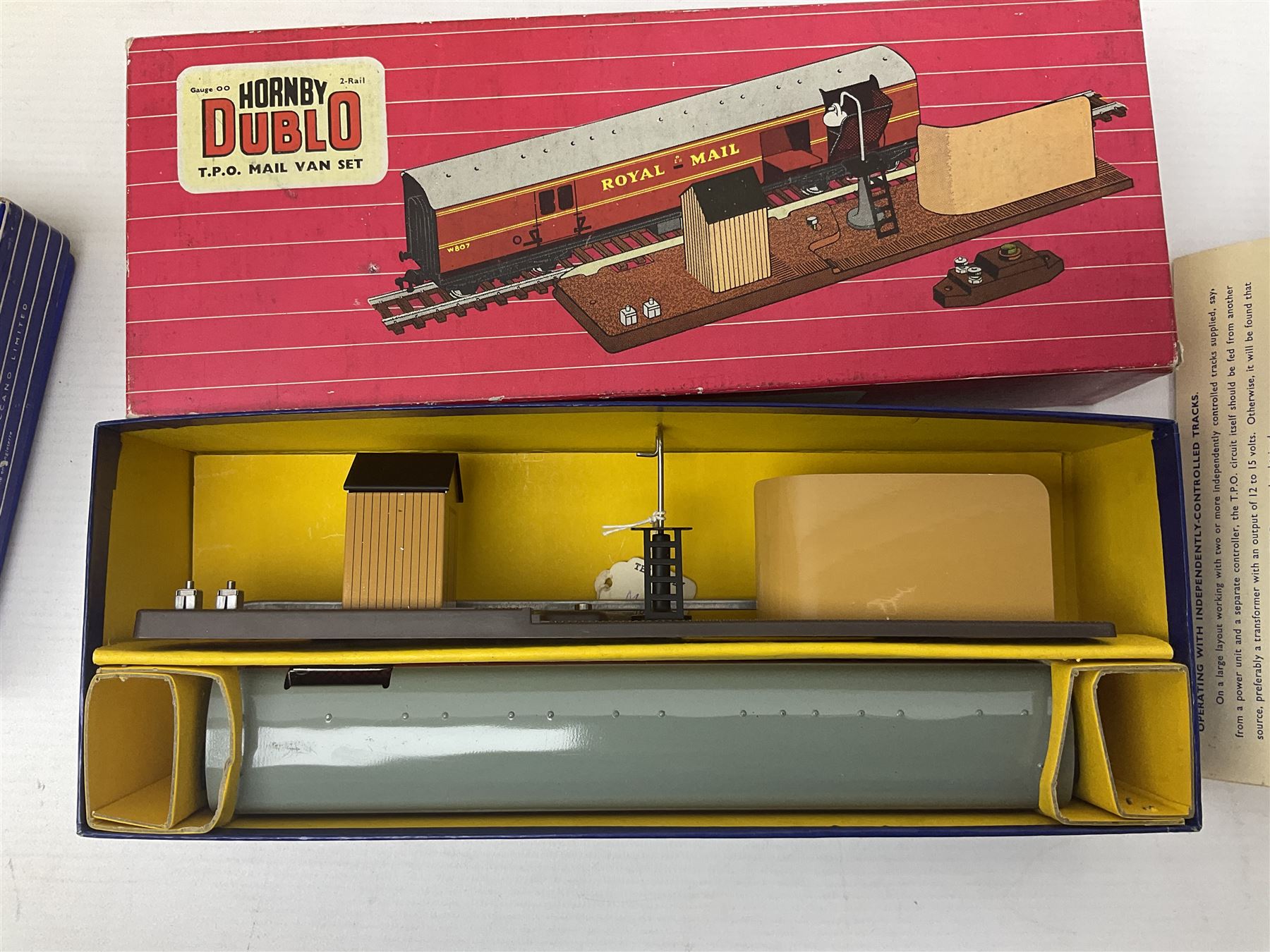 Hornby Dublo - 2-rail, 2400 TPO Mail Van Set; Engine Shed Kit - 2-Road (with additional empty box); four electrically operated switch points; uncoupling rails; buffer stops; three signals; loading gauge etc; all boxed