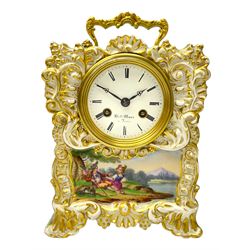 A continental porcelain mantle clock with a French striking movement c1820, rectangular case with raised gilt rococo decoration and carrying handle, hand painted panel to the front portraying a picturesque lakeside scene and courting couple, contrasting light green background with raised gold decoration to the sides and a depiction of love birds within a scrollwork cartouche, white enamel dial with a cast brass bezel, Roman numerals, minute track and steel trefoil hands, dial inscribed Henry Marc, Paris, eight-day countwheel movement with a silk suspension, striking the hours and half hours on a bell. 

