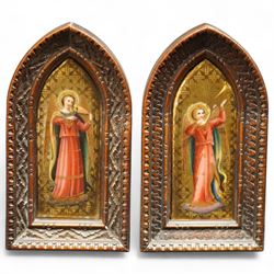 Pair of early 20th century continental painted porcelain religious icon plaques, depicting...