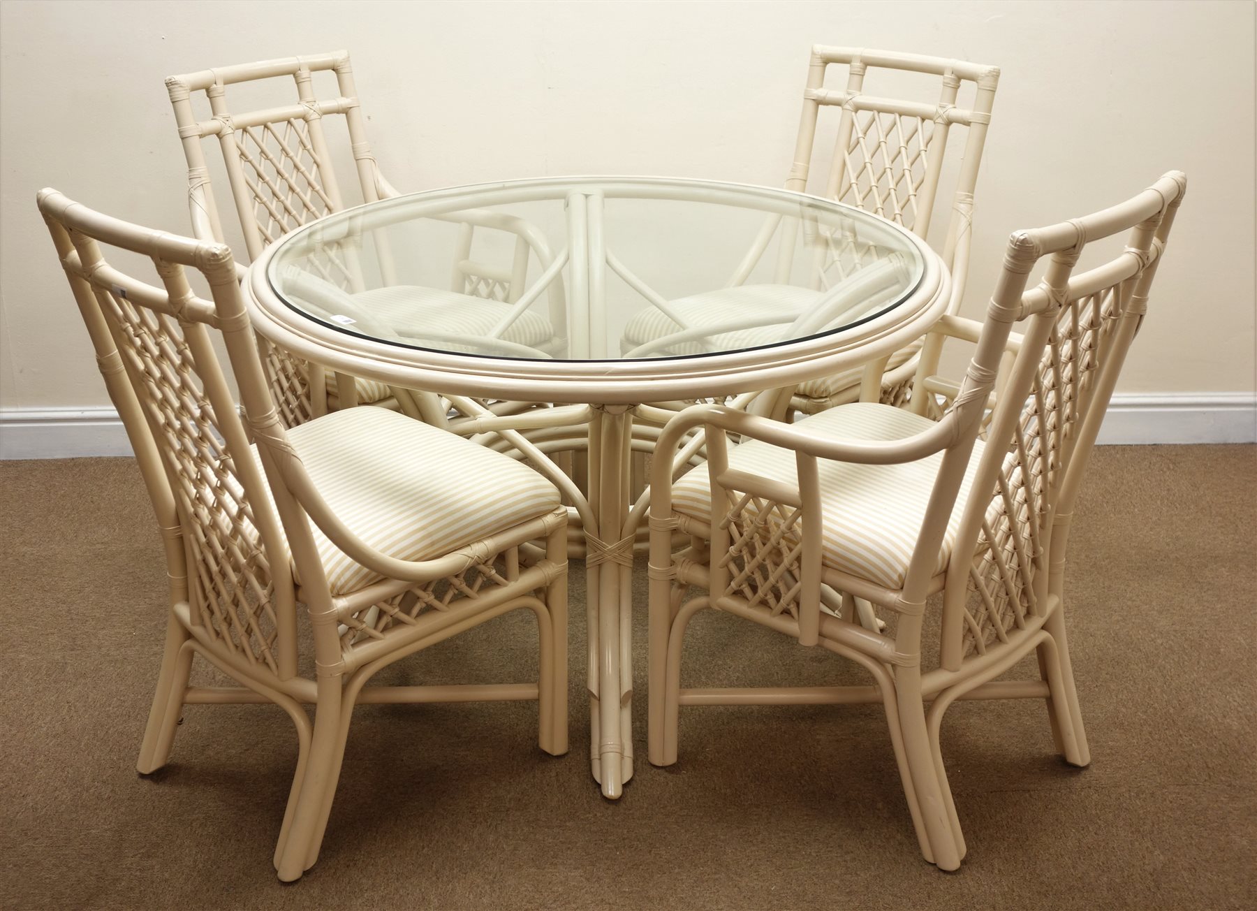 Champagne finish painted circular glass top conservatory table (D117cm